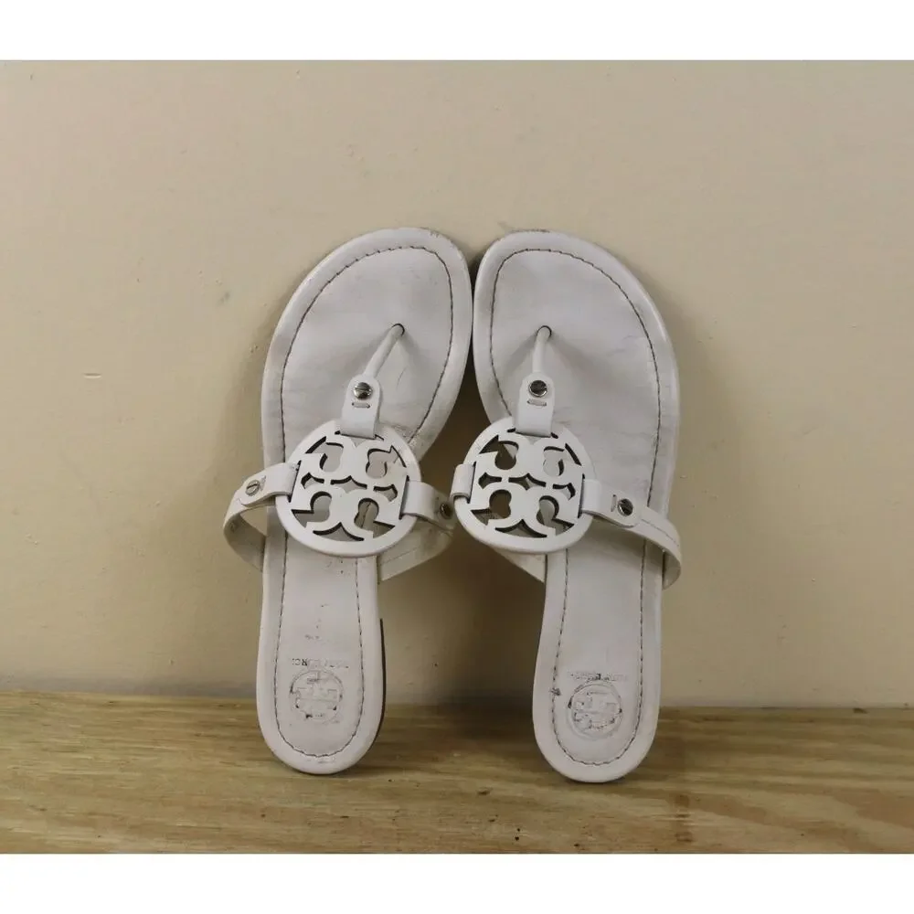 Tory Burch Flip Flops 8.5M Off White Leather Miller Sandals Thong Flats Shoes